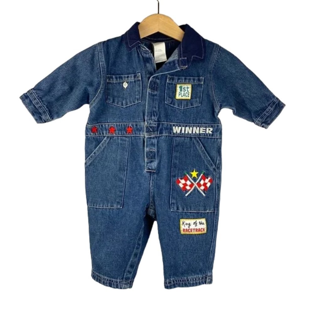 King of the Racetrack Winner Denim Coverall Jumpsuit size 6-9 Months